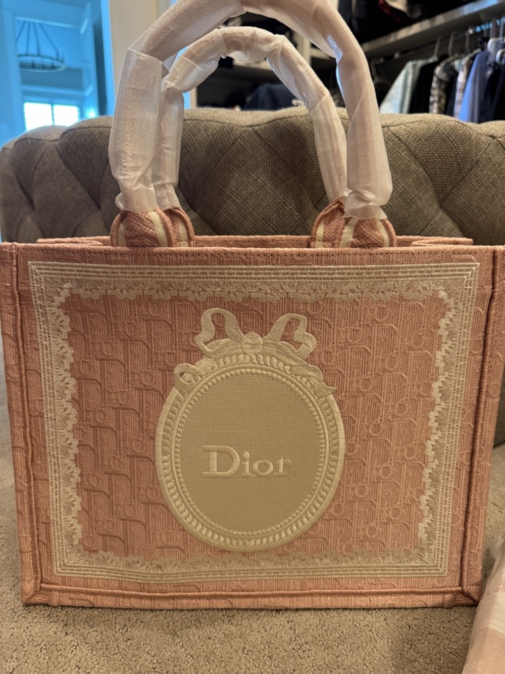 Blush Pink Embroidered Tote with Cream Logo Medallion